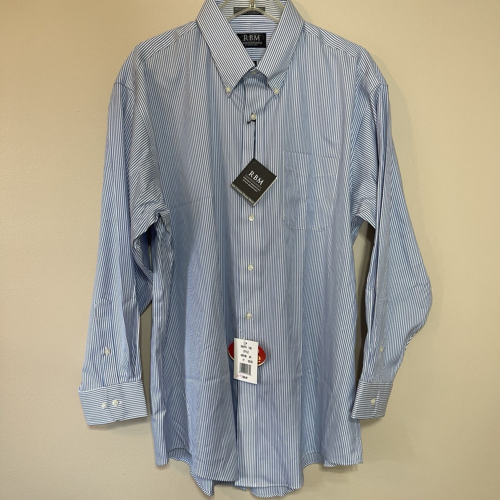 NEW RBM Platinum Mens Striped Dress Shirt 17 32/33 Blue White‎ Pinpoint Cotton
